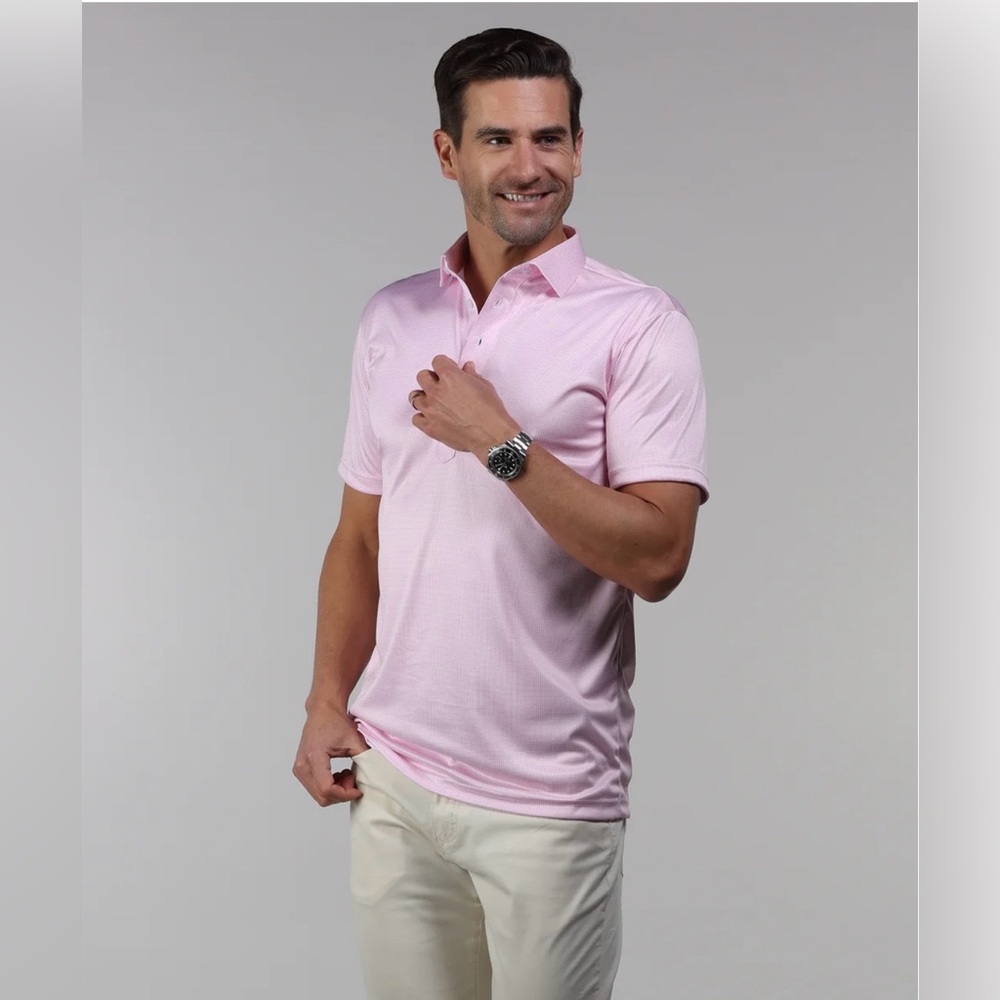 Collars & Co NWT Semi-Spread Collar Polo In Pink Houndstooth Print.  Size Large - Picture 9 of 16
